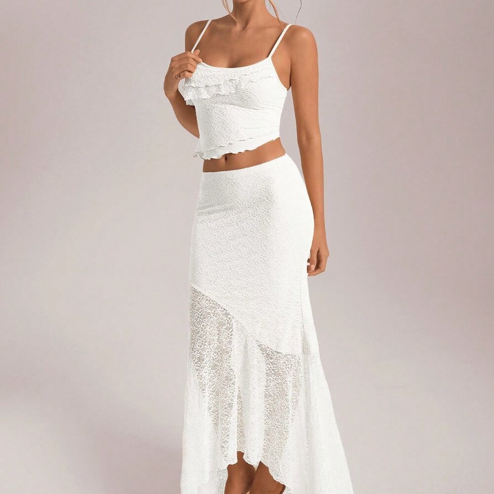 White Elegant Women's Lace Camisole Top & Ruffle Mermaid Skirt Set